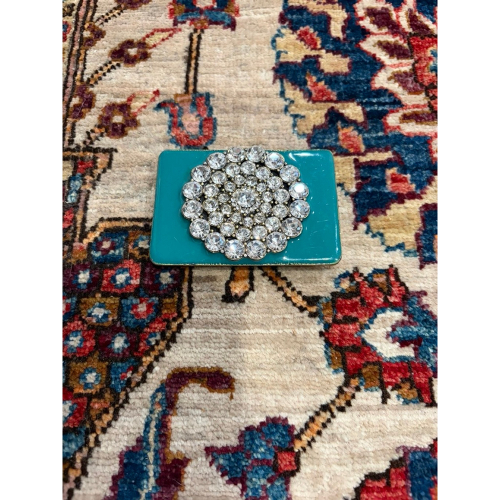 Vintage Jacqueline Rose Teal Enamel Rhinestone Belt Buckle Statement Glam